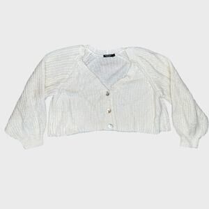 Nasty Gal Cropped Knit Sweater Small White Balloon Sleeve Button Up Slouchy Fit